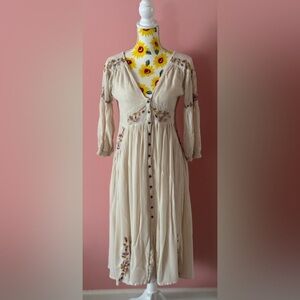 Free People Day Glow Cream Embroidered Midi Dress size S